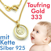 Baby Taufe Taufring Memoire Zirkonia Echt Gold 750 & Kette Silber 925 vergoldet 