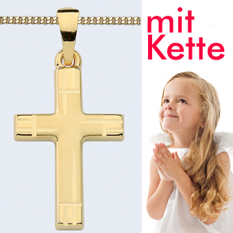 Weiß Gold 585 Kinder Kreuz Anhänger zur Taufe Erst Kommunion mit Silber Kette 