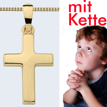 Baby Taufe Kinder Diamant Kommunion Kreuz Anhänger Gold 585 mit Kette vergoldet 