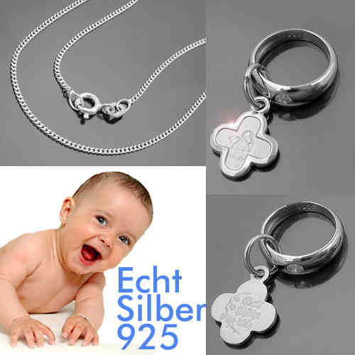Juwelier Baby Taufe Zirkonia Trauring Echt Silber 925 mit Rundanker Kette 38 cm 