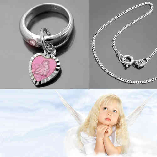 Mädchen rosa Herz Engel Taufring mit weißem Zirkonia und Kette 36 cm Echt Silber 925