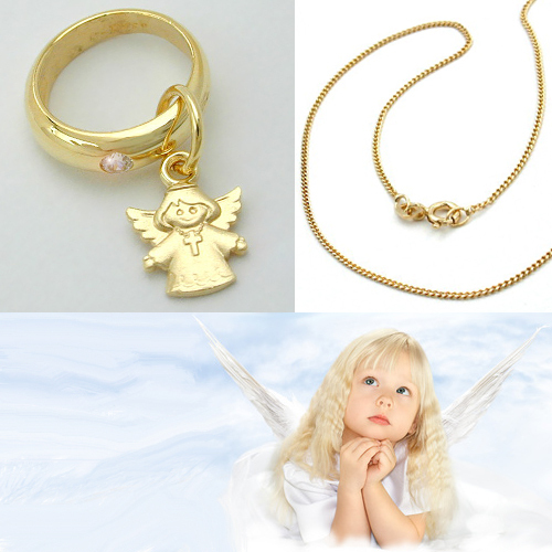Baby Taufe Engel betend Taufring Echt Gold 750 18K mit Kette Silber 925 vergold. 