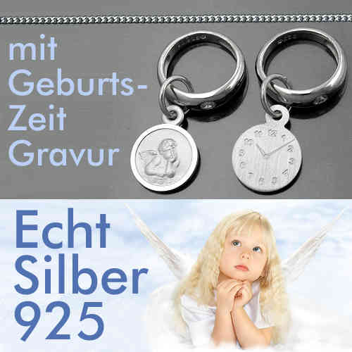 Schutz Engel Taufring mit Geburtsuhr und Uhrzeit Gravur & Kette Echt Silber 925