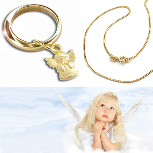 Baby Mädchen Taufe Engel betend Taufring Rubin Gold 333 mit Kette Silber 925 VG 