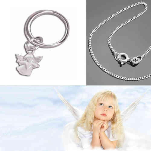 Baby Taufe Schutz Engel mit Herz ♥ Taufring und Zirkonia Stein mit Kette Echt Silber 925