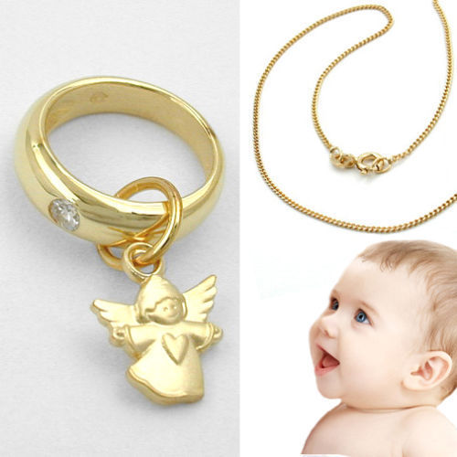 Baby Kinder moderner Schutz Engel mit Zirkonia Echt Gold 585 Kette Silber 925 Vg 