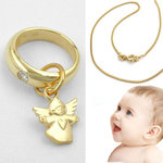 Baby Taufe Brillant 0,03 ct Taufring ECHT GOLD 585 14KT mit Herz Engel und Kette Silber 925 vergold.
