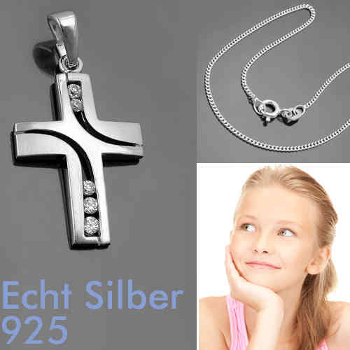 Mädchen Taufe Kinder Kommunion Zirkonia lila Kreuz Anhänger mit Kette Silber 925 