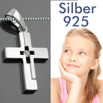 Mädchen Zirkonia Kreuz Anhänger zur Taufe Kommunion Firmung mit Kette Silber 925