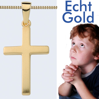Taufe Kinder Kommunion Echt Gold 585 Kreuz Anhänger mit Silber Kette vergoldet 