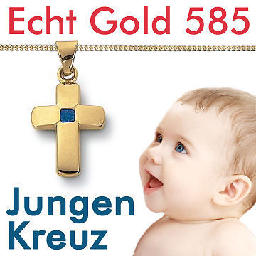 Jungen Taufe Kreuz blauer Stein GOLD 585 (14 Kt) mit KETTE Echt Silber 925 vergoldet Vario 42-40 cm