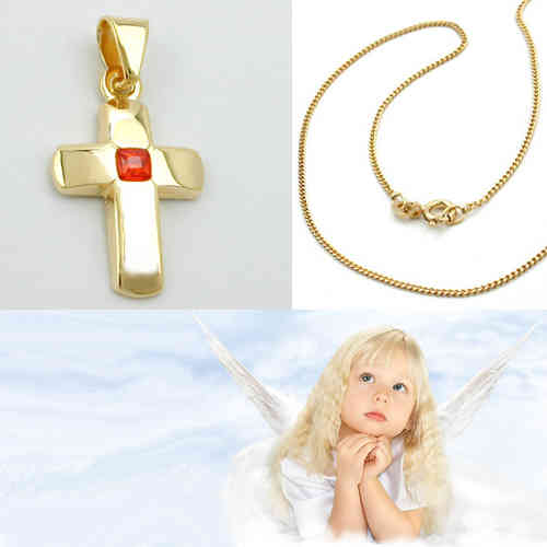 Echt Gold 333 Taufe Kommunion Zirkonia Kreuz Anhänger mit Silber Kette vergoldet 
