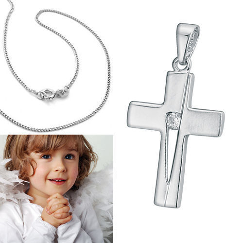 Baby Taufe Taufring mit weißen Zirkonia und Kreuz Anhänger mit Kette Silber 925 
