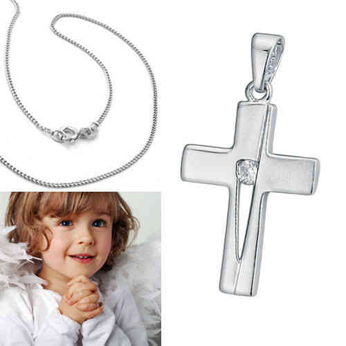 Kinder Taufe Kommunion Konfirmation Zirkonia Kreuz Anhänger mit Kette Silber 925