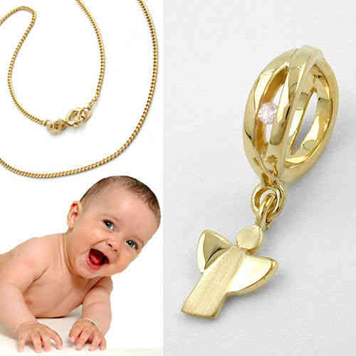 Baby Geburt Taufring Gold 585 14 Kt Zirkonia weiß mit Kette Silber 925 vergoldet 